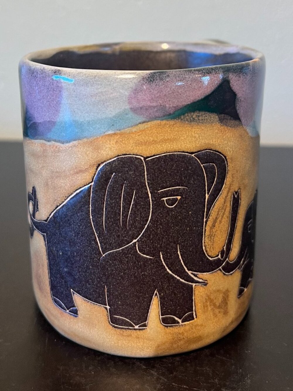 Handcrafted MARA STONEWARE Sgraffito Pottery Etched Elephant Mug Artist Signed - Picture 2 of 12